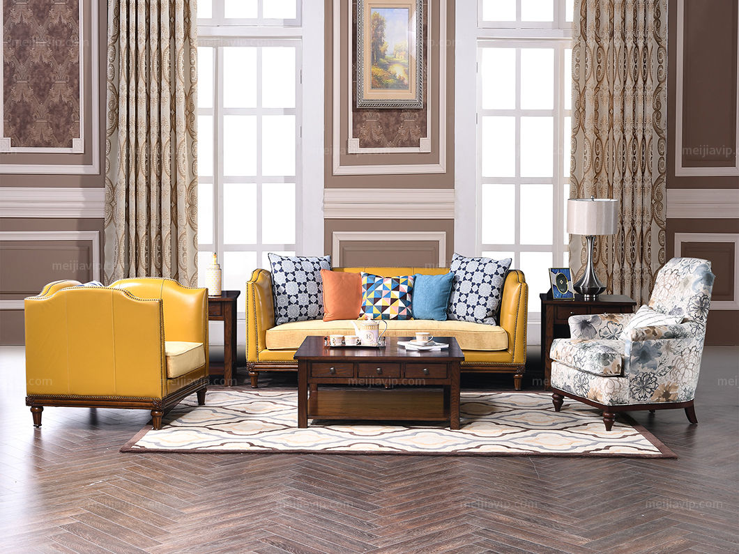 丹饰林 高档橡胶木 结构坚固实木框架 低调奢华美式风格三人沙发