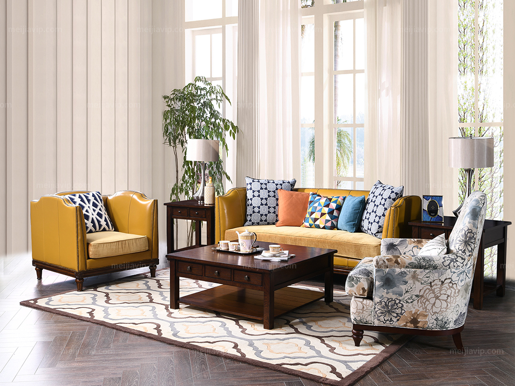 丹饰林 高档橡胶木 结构坚固实木框架 低调奢华美式风格三人沙发