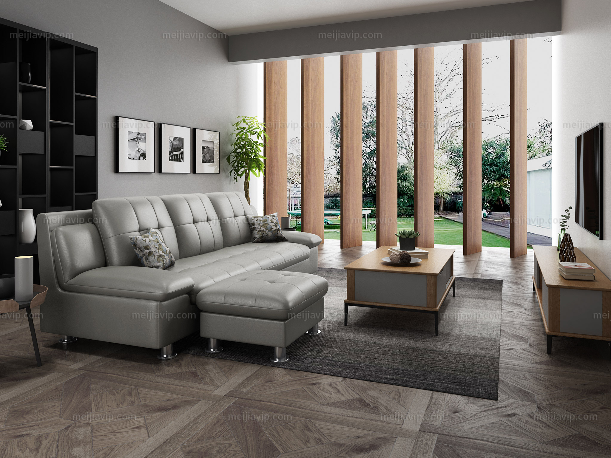 纳德威 现代简约皮艺灰色真皮沙发组合 3 脚踏