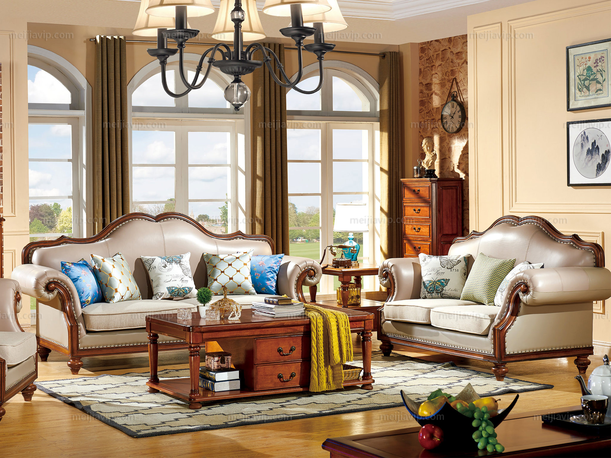 简美风格 头层真皮 布艺 北美鹅掌楸木框架 纯铜装饰钉四人位沙发